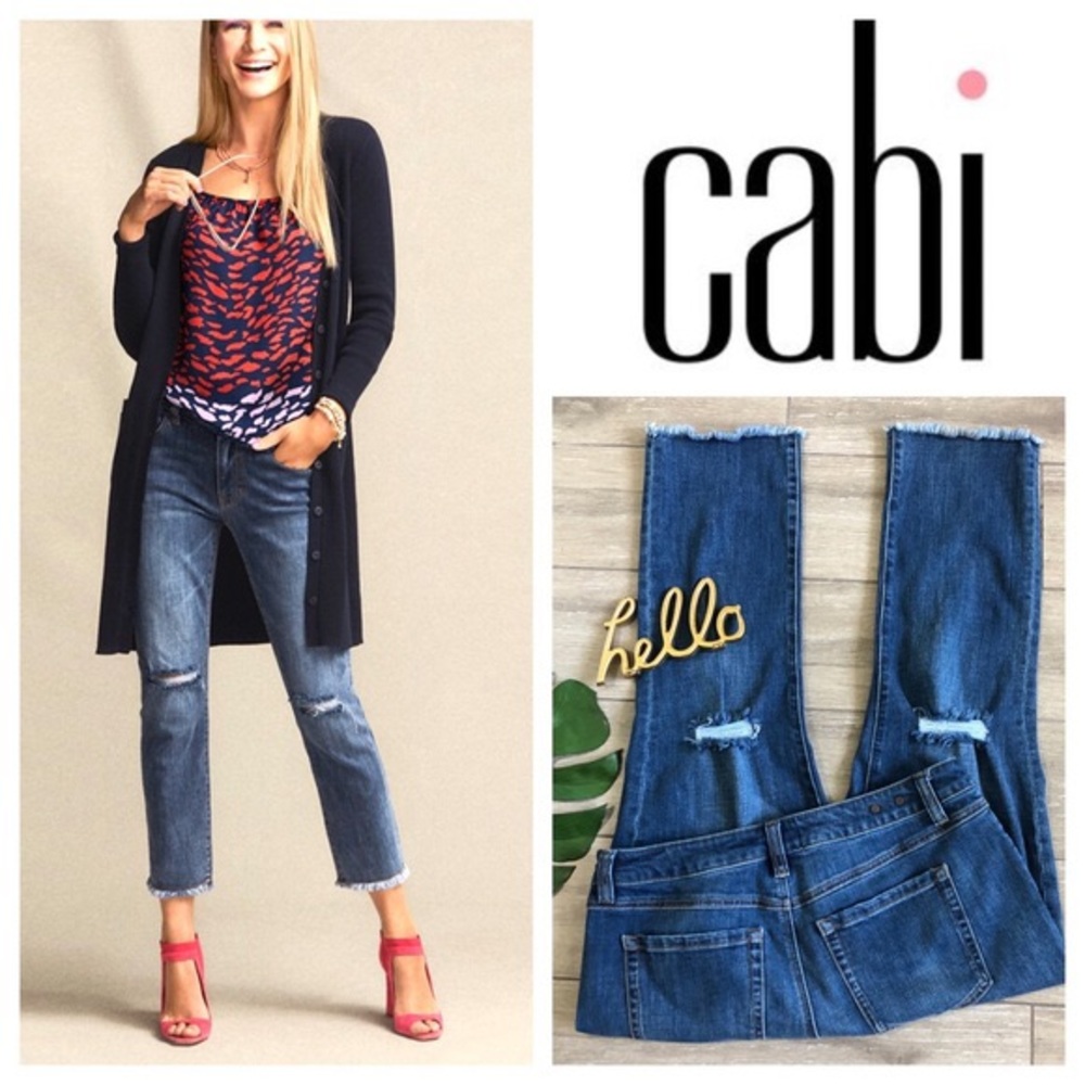 CAbi Cropped High Straight Distressed Jeans Sz16